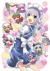 Rule 34 | 6+girls, apron, ascot, bat wings, beret, blonde hair, blue dress, blue eyes, blue hair, blunt bangs, bow, bowl, braid, carrying, carrying under arm, chibi, chocolate, closed eyes, colonel aki, commentary request, crystal wings, dress, flandre scarlet, green vest, grey hair, hair between eyes, hair bow, hair intakes, hairband, hat, hat ribbon, heart, holding, holding bowl, hong meiling, izayoi sakuya, konpaku youmu, konpaku youmu (ghost), long hair, long sleeves, maid, maid apron, maid headdress, mob cap, multiple girls, open mouth, patchouli knowledge, pink hair, puffy short sleeves, puffy sleeves, purple hair, red eyes, red hair, remilia scarlet, ribbon, saigyouji yuyuko, short hair, short sleeves, side ponytail, skirt, smile, spatula, star (symbol), touhou, triangular headpiece, twin braids, valentine, vest, wings