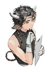 1boy animal_ears arknights black_hair black_shirt braid brown_eyes clipboard commentary_request cow_boy cow_ears cow_horns ear_piercing gloves highres holding holding_clipboard holding_pen horns male_focus partially_fingerless_gloves pen piercing shirt sleeveless sleeveless_shirt upper_body wan_qing_(arknights) white_background white_gloves yyb