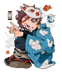 1boy black_pants black_socks bright_pupils brown_eyes brown_hair fox_mask full_body highres kamado_tanjirou kimetsu_no_yaiba looking_at_viewer male_focus mask open_mouth pants sandals short_hair simple_background sitting socks solo white_background white_pupils zettai_22
