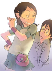 2girls bag brown_eyes brown_hair dennou_coil gradient_background green_shirt green_skirt hashimoto_fumie honzawa_yuuichirou multiple_girls okonogi_yuuko open_mouth safety_glasses shirt short_hair sketch skirt smile standing sweatdrop teeth wristband