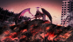 1boy 1girl ahoge blood blood_on_face blue_archive blue_necktie blurry building business_suit coat coat_on_shoulders commentary demon_wings depth_of_field embers fire formal_clothes fur-trimmed_coat fur_trim glowing glowing_eyes gun hair_ornament hairclip halo highres hina_(blue_archive) holding holding_gun holding_own_arm holding_weapon jacket junu_(jwoo5627) oversized_wings long_hair long_sleeves looking_at_viewer low_wings machine_gun mg42 military_coat military_jacket necktie parted_bangs pencil_skirt ponytail purple_eyes rubble sensei_(blue_archive) sidelocks skirt smoke suit weapon white_hair white_suit wide_shot wings