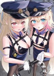 2girls adversarial_noise alternate_costume baton_(weapon) bikini black_bikini black_pantyhose blonde_hair blue_eyes blue_hat blue_skirt breasts detached_collar from_above fuwawa_abyssgard gun hair_ornament handcuff_dangle hat highres holding_baton_(weapon) hololive hololive_english looking_at_viewer mococo_abyssgard multicolored_hair multiple_girls necktie nibosi pantyhose peaked_cap pink_hair police_hat red_eyes siblings sisters skirt streaked_hair swimsuit twins virtual_youtuber weapon x_hair_ornament