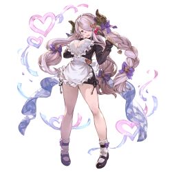 1girl apron black_sweater blue_eyes bow braid breasts cleavage cleavage_cutout clothing_cutout draph full_body granblue_fantasy hair_bow hair_ornament hair_over_one_eye heart heart_hair_ornament holding horns large_breasts long_hair long_sleeves looking_at_viewer mary_janes narmaya_(granblue_fantasy) narmaya_(valentine)_(granblue_fantasy) official_alternate_costume official_art pink_hair pointy_ears purple_bow ribbed_sweater shoes socks solo sweater transparent_background underwear whisk white_socks