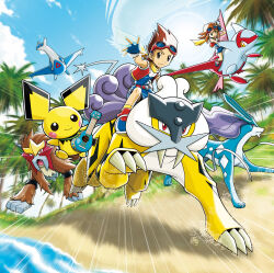 1boy 1girl adjusting_eyewear artist_request beach ben_(pokemon) blue_gloves blue_shorts blue_sky brown_hair claws closed_mouth cloud day dot_nose emphasis_lines entei fangs fingerless_gloves flying gen_2_pokemon gen_3_pokemon gloves goggles goggles_on_head grass highres holding_instrument holding_ukulele jacket key_visual latias latios legendary_pokemon medium_hair nintendo official_art open_clothes open_jacket open_mouth outdoors outstretched_arm palm_tree pichu pokemon pokemon_(creature) pokemon_ranger:_guardian_signs pokemon_ranger_(series) promotional_art raikou red_eyes red_goggles red_jacket riding riding_pokemon sand scarf short_hair shorts sky sleeveless sleeveless_jacket smile suicune summer_(pokemon) third-party_source tree ukulele ukulele_pichu water yellow_eyes yellow_scarf