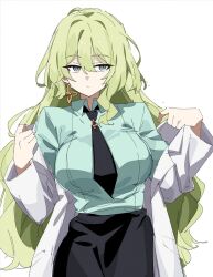 1girl black_necktie black_skirt breasts coat earrings green_eyes green_hair green_shirt haigo_ti highres honkai_(series) honkai_impact_3rd jewelry lab_coat large_breasts long_hair looking_at_viewer mobius_(honkai_impact) necktie ouroboros protected_link shirt simple_background skirt slit_pupils solo upper_body white_background white_coat