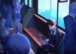 2girls 3boys absurdres ahoge akamatsu_kaede bag black_bag black_jacket black_necktie black_pants breasts brown_hair collared_shirt danganronpa_(series) danganronpa_3_(anime) danganronpa_v3:_killing_harmony head_out_of_frame highres hinata_hajime holding holding_bag jacket kneehighs large_breasts long_hair long_sleeves male_focus multiple_boys multiple_girls necktie official_alternate_costume pants pleated_skirt satou_(danganronpa) shirt short_hair skirt socks train_interior vest ziling