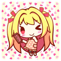 Rule 34 | apron, blonde hair, blush, blush stickers, candy, chibi, chibi only, chocolate, chocolate bar, food, hair intakes, hair ribbon, hand up, heart, heimwelt, irotoridori no sekai, nikaidou shinku, one eye closed, pink apron, red eyes, red ribbon, ribbon, two side up, valentine