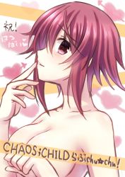 1girl blush breasts chaos;child covering_breasts covering_privates female_focus finger_to_mouth highres looking_at_viewer medium_breasts nishijou_myu nude onoe_serika pink_eyes pink_hair short_hair_with_long_locks sidelocks solo upper_body