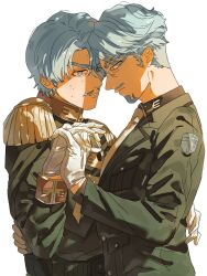 2boys age_comparison bbbb_fex beard challia_bull collared_shirt dual_persona epaulettes face-to-face facial_hair gloves green_eyes green_hair gundam gundam_gquuuuuux hair_over_one_eye highres holding_hands jacket long_sleeves male_focus military_jacket military_uniform multiple_boys mustache necktie profile selfcest shirt short_hair simple_background smile sweat time_paradox upper_body white_background yaoi
