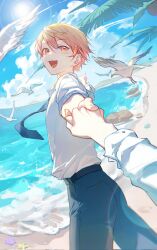 Rule 34 | 2boys, beach, bird, black pants, blonde hair, blue necktie, cloud, commentary, cumulonimbus cloud, double-parted bangs, feet out of frame, gag1tdiucvpteok, hair behind ear, hair between eyes, highres, holding hands, kamishiro rui, long sleeves, male focus, multiple boys, necktie, ocean, open mouth, out of frame, palm leaf, pants, project sekai, seagull, shirt, shirt tucked in, short hair, sky, sleeves rolled up, smile, solo focus, sun, symbol-only commentary, tenma tsukasa, tongue, white shirt, yellow eyes