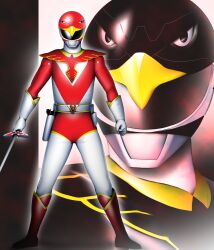 2boys armor black_armor black_condor black_helmet bodysuit boots bringer_sword choujin_sentai_jetman commentary facing_viewer gloves gun helmet highres holding holding_sword holding_weapon holster male_focus multiple_boys red_armor red_boots red_hawk red_helmet red_shirt shirt standing super_sentai sword takemoto_kyuutarou tokusatsu weapon white_bodysuit white_gloves
