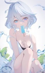 Rule 34 | absurdres, bare legs, bare shoulders, blue eyes, breasts, food, food in mouth, furina (genshin impact), genshin impact, heterochromia, highres, looking at viewer, medium hair, one-piece swimsuit, pisuke (user kcmh2774), popsicle, popsicle in mouth, simple background, sitting, small breasts, strap slip, swimsuit, translation request, water, water drop, white background, white hair, white one-piece swimsuit