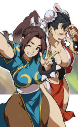 2girls puff_of_air absurdres arm_guards blush bracelet breasts brown_eyes brown_hair brown_legwear bun_cover capcom china_dress chinese_clothes chun-li chun-li_(cosplay) cleavage commentary_request cosplay costume_switch crossover double_bun dress closed_eyes female_focus folded_fan folding_fan friends grin hair_bun hand_fan hand_on_own_head high_ponytail highres holding holding_fan jewelry koda1ra large_breasts long_hair looking_at_viewer matching_hair/eyes multiple_girls ninja one_eye_closed pantyhose peace_symbol pelvic_curtain ponytail revealing_clothes sash shiranui_mai shiranui_mai_(cosplay) shy smile snk spiked_bracelet spikes street_fighter the_king_of_fighters thick_thighs thighs unsure v wink