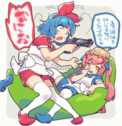 2girls apron bean_bag_chair blue_eyes blue_hair blue_ribbon blue_shirt blue_shorts border commentary_request creature_on_head grey_background gun hair_ribbon hairband half-life:_alyx half-life_(series) handgun headcrab holding holding_gun holding_weapon jitome long_hair looking_ahead looking_to_the_side multiple_girls nose_picking om_(nk2007) omega_ray omega_rio omega_sisters open_mouth outside_border pigeon-toed pink_hair pinky_out puffy_short_sleeves puffy_sleeves reclining red_hairband red_ribbon red_shirt red_shorts ribbon shirt shoes short_hair short_sleeves shorts shouting siblings single_shoe sisters smile speech_bubble spread_legs standing tearing_up thighhighs translation_request twintails v-shaped_eyebrows virtual_youtuber weapon white_apron white_border white_thighhighs wide-eyed yellow_eyes