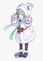 Rule 34 | 1girl, absurdres, animal hands, black boots, black pantyhose, blue archive, blue halo, boots, bow, coat, dress, fake tail, full body, fur-trimmed boots, fur-trimmed coat, fur-trimmed dress, fur-trimmed sleeves, fur trim, gloves, green eyes, green hair, halo, highres, hood, hood up, long hair, momiji (blue archive), pantyhose, paw gloves, red bow, sidelocks, simple background, solo, somray, tail, white background, white coat, white dress, white gloves
