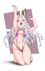 1girl animal_ears arms_up bikini blush breasts erune full_body granblue_fantasy kneeling layered_bikini long_hair navel open_mouth red_eyes scathacha_(granblue_fantasy) slingshot_swimsuit small_breasts solo swimsuit variant_set white_hair yawning yggsil