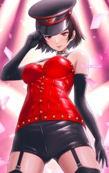 1girl black_gloves black_hair black_shorts black_thighhighs blunt_bangs blush braid breasts brown_hair collar corset crown_braid elbow_gloves garter_straps gloves hat highres latex latex_shorts looking_at_viewer masatoshi_1219 medium_breasts niijima_makoto persona persona_5 persona_5:_dancing_star_night persona_dancing red_corset red_eyes short_hair shorts smile solo thighhighs