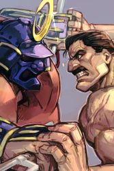 2boys anger_vein armor black_eyes black_hair capcom clenched_teeth facial_hair fighting final_fight glint helmet holding holding_weapon hungry_clicker male_focus mike_haggar multiple_boys muscular mustache old old_man profile simple_background sodom street_fighter street_fighter_zero_(series) teeth topless_male v-shaped_eyebrows veins weapon