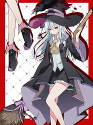 1girl absurdres animal animal_on_head bird bird_on_head black_boots black_coat black_skirt blue_eyes boots broom closed_mouth coat crow elaina_(majo_no_tabitabi) hair_between_eyes hat high_heels highres holding holding_broom long_hair looking_at_viewer majo_no_tabitabi on_head ribbon shirt sidelocks skirt solo tiandingfengren white_hair white_shirt witch witch_hat yellow_ribbon