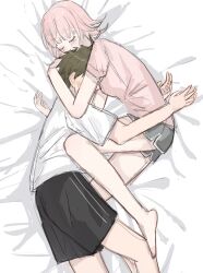 1boy 1girl ahoge between_breasts black_shorts blush breasts brown_hair danganronpa_(series) danganronpa_2:_goodbye_despair dontsu_(illu5i0ns) from_above head_between_breasts highres hinata_hajime hug lying medium_breasts nanami_chiaki on_side pink_shirt shirt short_sleeves shorts sleeping white_shirt