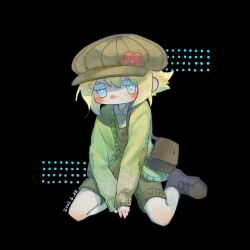 1boy basil_(birthday)_(omori) basil_(faraway)_(omori) basil_(omori) black_background blonde_hair blue_eyes blush boots brown_boots brown_hat brown_overalls dated full_body hat highres long_sleeves looking_at_viewer male_focus no_mouth o51515o omori overall_shorts overalls short_hair simple_background sitting solo