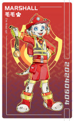 1boy animal_ears blue_eyes border character_name claws collar commentary dog_boy dog_ears dog_tail english_commentary fangs fingerless_gloves firefighter furry furry_male gloves hand_on_own_hip helmet highres holding_medal jacket looking_at_viewer male_focus marshall_(paw_patrol) mixed-language_text open_mouth paw_patrol paw_print rakkasei_l red_background red_helmet red_jacket red_shorts reflective_clothes shorts tail translation_request vest white_border yellow_gloves