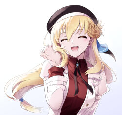 Rule 34 | 1girl, agnes claudel, black hair, blonde hair, bolo tie, breasts, bun with braided base, closed eyes, double-parted bangs, eiyuu densetsu, gradient background, hair between eyes, hair bun, hat, highres, kuro no kiseki, kuro no kiseki (series), kuro no kiseki ii, large breasts, long hair, low-tied long hair, mulberry804, necktie, open mouth, portrait, simple background, single hair bun, single sidelock, solo, white background