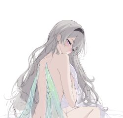 1girl absurdres black_hairband blue_eyes blue_pupils blush breasts closed_mouth completely_nude feint721 firefly_(honkai:_star_rail) from_behind grey_hair hairband highres honkai:_star_rail honkai_(series) insect_wings long_hair looking_down median_furrow medium_breasts multicolored_eyes nude purple_eyes shoulder_blades simple_background sitting solo thighs two-tone_eyes very_long_hair white_background wings