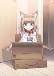 Rule 34 | &gt;:), 1girl, 40hara, :&gt;, absurdres, amazon (company), animal collar, animal ear fluff, animal ears, aqua eyes, blush stickers, box, brand name imitation, brown hair, cardboard box, cat ears, cat girl, cat tail, closed mouth, clothes writing, collar, doyagao, highres, in box, in container, indoors, kinako (40hara), long hair, looking at viewer, original, photo-referenced, red collar, shirt, smile, smug, solo, t-shirt, tail, v-shaped eyebrows, white shirt, wooden floor