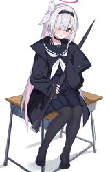 1girl absurdres black_choker black_coat black_hairband black_pantyhose black_sailor_collar black_serafuku black_umbrella bow choker coat collarbone colored_inner_hair commentary_request desk full_body grey_eyes grey_hair hair_bow hair_over_one_eye hairband halo high-waist_skirt highres holding holding_umbrella light_blush long_hair looking_at_viewer multicolored_hair neckerchief no_shoes on_desk open_mouth original pantyhose pink_hair pink_halo plana_(blue_archive) pleated_skirt red_pupils sailor_collar school_desk school_uniform serafuku setteiset shadow sidelocks sitting skirt solo two-tone_hair umbrella very_long_hair white_background white_bow white_neckerchief