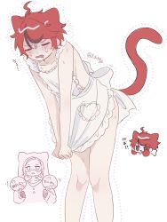 2boys animal_ears aotsuki_eito apron black_hair blue_eyes blush cat_ears cat_tail crossdressing dotted_line embarrassed highres japanese_text male_focus multicolored_hair multiple_boys open_mouth red_hair simple_background standing sumino_takumi tail the_hundred_line_-last_defense_academy- translation_request white_background