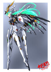 1girl armor beam_rifle boots breasts char&#039;s_counterattack energy_gun fin_funnels full_body funnels_(gundam) glowing glowing_eyes green_eyes green_hair gun gundam headgear highres holding holding_gun holding_weapon humanization long_hair mecha_musume nu_gundam personification power_armor science_fiction solo taiga_hiroyuki v-fin weapon