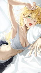1girl ;o arm_up armpits blonde_hair blush bra breasts cleavage clothes_writing green_eyes hand_on_own_head haruri highres hoshii_miki hugging_object idolmaster indoors looking_at_viewer lying medium_breasts messy_hair midriff morning no_shirt on_bed on_stomach one_eye_closed panties pillow pillow_hug solo stretching tears underwear underwear_writing waking_up white_bra white_panties