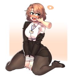 Rule 34 | 1girl, absurdres, black footwear, black jacket, blush, bound, bound wrists, brown eyes, brown hair, business suit, character request, commentary, copyright request, formal clothes, gintm, highres, jacket, name tag, off shoulder, office lady, pantyhose, saliva, shirt, suit, symbol-only commentary, thick thighs, thighs, white shirt