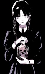 Rule 34 | 1girl, addams family, braid, closed mouth, collared dress, dress, greyscale, highres, holding, holding jar, jar, long hair, looking at viewer, matsumotoasumu, monochrome, skull, solo, twin braids, wednesday (netflix), wednesday addams