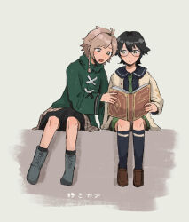 2boys :d ahoge ankle_boots arm_support black_hair black_shorts black_socks blue_footwear blue_sailor_collar blue_shirt blush book boots braided_sidelock brown_footwear brown_hair cardigan cho_yoy clanne_(fire_emblem) closed_mouth coat duffel_coat faux_traditional_media fire_emblem fire_emblem_engage frown full_body glasses green_coat green_eyes green_necktie grey_background hair_between_eyes high_collar highres holding holding_book implied_yaoi jean_(fire_emblem) kneehighs leaning_to_the_side loafers long_sleeves looking_at_another looking_at_object male_focus multiple_boys necktie nintendo open_book open_mouth parted_bangs plaid_clothes round_eyewear sailor_collar shirt shoes short_hair shorts sitting smile socks white_cardigan yellow_eyes