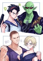 Rule 34 | 1girl, 3boys, black hair, black jacket, black shirt, blonde hair, blue eyes, blush, clenched hands, closed mouth, copyright name, cosplay, crossover, dougi, dragon ball, dragonball z, facial scar, gun, hairband, highres, holding, holding gun, holding weapon, jacket, jake muller, jake muller (cosplay), jewelry, multiple boys, muscular, muscular male, namekian, necklace, open clothes, open jacket, p m ame, piccolo, piccolo (cosplay), pointy ears, red hairband, resident evil, resident evil 6, sailor collar, sailor shirt, scar, scar on cheek, scar on face, sherry birkin, sherry birkin (cosplay), shirt, short hair, son gohan, son gohan (cosplay), sunglasses, upper body, very short hair, weapon, wristband