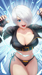 1girl a494800 absurdres angel_(kof) backless_pants blue_eyes bra breasts chaps cleavage crop_top cropped_jacket fingerless_gloves gloves hair_over_one_eye highres jacket large_breasts leather leather_jacket looking_at_viewer midriff navel panties pants paw_pose short_hair smile snk solo strapless strapless_bra the_king_of_fighters the_king_of_fighters_xiv toned toned_female underwear white_hair