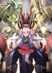 Rule 34 | absurdres, black shoes, blue eyes, breasts, double v, dragon, dragon musume ni naritakunai!, duel masters, full body, green necktie, green ribbon, grey hair, hair ornament, hair ribbon, hairpin, high ponytail, highres, jacket, ladder, light rays, long hair, mate (oktavia1121), multicolored eyes, multicolored jacket, multicolored shirt, necktie, open clothes, open jacket, open mouth, pink jacket, pleated skirt, ponytail, red shoes, red skirt, red socks, ribbon, shirt, shoes, single leg pantyhose, skirt, socks, sukune maron, teeth, twintails, v, white jacket, yellow necktie, yellow ribbon, yellow skirt