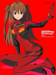1girl betti_(xx_betti) blue_eyes bodysuit breasts brown_hair closed_mouth copyright_name full_body hair_between_eyes highres long_hair looking_to_the_side neon_genesis_evangelion red_background red_bodysuit simple_background sitting small_breasts smile solo souryuu_asuka_langley two_side_up yokozuwari