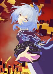 Rule 34 | 1girl, absurdres, alternate color, blue hair, blue ribbon, commentary, cyrene (honkai: star rail), dress, grin, hair ribbon, herrscher of corruption, highres, honkai: star rail, honkai (series), honkai impact 3rd, inoue marina, long sleeves, looking at viewer, purple dress, ribbon, short hair, smile, solo, sunn strawberry, yellow eyes