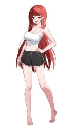 1girl absurdres akane_lize armpits bare_arms bare_shoulders barefoot black_eyes black_shorts breasts camisole cleavage collarbone crop_top dolphin_shorts drawstring fangs feet full_body hair_ornament hairclip hand_on_own_hip highres l_min109 large_breasts long_hair looking_at_viewer midriff mole mole_on_cheek multicolored_hair nail_polish navel open_mouth red_hair red_nails shirt short_shorts shorts simple_background sleeveless sleeveless_shirt smile solo standing stellive stomach streaked_hair thighs tiptoes toes very_long_hair virtual_youtuber white_background white_shirt