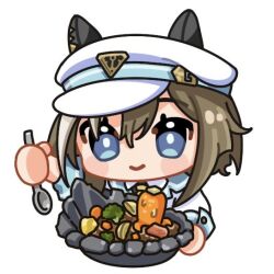 Rule 34 | 1girl, animal ears, blue eyes, blush stickers, broccoli, brown hair, carrot, cheval grand (umamusume), chibi, closed mouth, collared shirt, commentary request, ears through headwear, food, hair between eyes, hat, holding, holding spoon, horse ears, jacket, long sleeves, moko39 takasora, multicolored hair, peaked cap, shirt, simple background, smile, solo, spoon, streaked hair, umamusume, white background, white hair, white hat, white jacket, white shirt