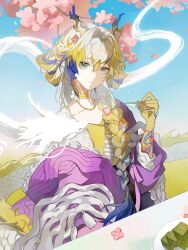 1girl absurdres arknights blonde_hair blue_hair braid choker closed_mouth colored_extremities commentary cup dragon dragon_girl dragon_horns drink eastern_dragon frills green_eyes hair_between_eyes hair_intakes hair_over_shoulder highres holding holding_drink horns long_hair looking_at_viewer mengjing32514 multicolored_hair official_alternate_costume sakazuki shawl shu_(arknights) shu_(spring_feast)_(arknights) smile solo tassel white_hair white_shawl yellow_choker