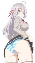 1girl absurdres alisa_mikhailovna_kujou angry ass black_skirt blazer breasts closed_mouth clothes_lift commentary from_behind grey_hair grey_jacket highres jacket large_breasts lifting_own_clothes long_hair looking_at_viewer panties school_uniform seiren_academy_school_uniform senor_h simple_background skirt skirt_lift solo striped_clothes striped_panties tank_top thighs tokidoki_bosotto_roshia-go_de_dereru_tonari_no_alya-san underwear variant_set white_background white_tank_top