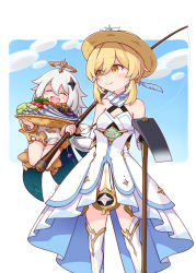 2girls :d ^_^ bare_shoulders blonde_hair boots brown_eyes brown_headwear closed_eyes closed_mouth commentary_request day detached_sleeves dress feet_out_of_frame fishing_rod flower genshin_impact grey_hair hair_between_eyes halo harada_(sansei_rain) hat hat_flower highres hoe holding holding_fishing_rod knee_boots long_hair long_sleeves lumine_(genshin_impact) multiple_girls open_mouth paimon_(genshin_impact) romper sleeveless sleeveless_dress smile standing white_dress white_flower white_romper white_sleeves