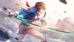 1girl blonde_hair game_cg heaven_burns_red holding holding_sword holding_weapon jacket kayamori_ruka necktie official_art red_eyes shirt skirt solo sword toothpick weapon white_shirt
