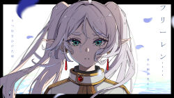 1girl absurdres ahoge artist_name capelet commentary_request earrings elf expressionless eyelashes falling_petals floating_earrings floating_hair frieren gold_trim green_eyes hair_between_eyes highres irfa jewelry letterboxed long_bangs long_hair looking_at_viewer motion_blur outside_border parted_bangs parted_lips petals pointy_ears portrait solo sousou_no_frieren straight-on teardrop_earrings translation_request white_background white_capelet white_hair