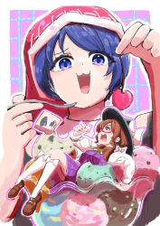 2girls absurdres bespectacled blue_eyes blue_hair bowl brown_eyes brown_hair cherry commentary_request doremy_sweet dress food fruit glasses hat highres holding ice_cream in_food kigucha kneehighs mini_person minigirl multiple_girls nightcap open_mouth plaid_clothes plaid_dress red-framed_eyewear shoes short_hair smile socks spoon touhou upper_body usami_sumireko