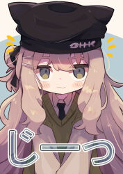 1girl :3 animal_ears animal_hat black_necktie black_ribbon blue_background blush blush_stickers brown_hair cat_hat closed_mouth collared_shirt green_eyes grey_eyes hair_between_eyes hair_bun hair_ornament hair_ribbon hairclip hat highres kipfel_(vrchat) long_hair long_sleeves looking_at_viewer necktie nongmin notice_lines puffy_long_sleeves puffy_sleeves ribbon shirt simple_background single_side_bun smile solo sweater_vest thick_eyebrows two-tone_background upper_body very_long_hair vrchat white_background white_shirt